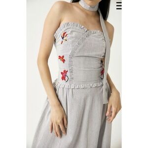 Tach Clothing Primavera Striped Dress Sz M Maxi Embroidered Floral Nautical